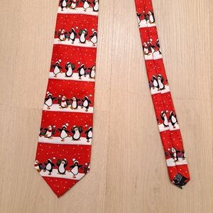 Yule Tie Greetings Red White Snow Christmas Penguins 100% Silk Hallmark Tie